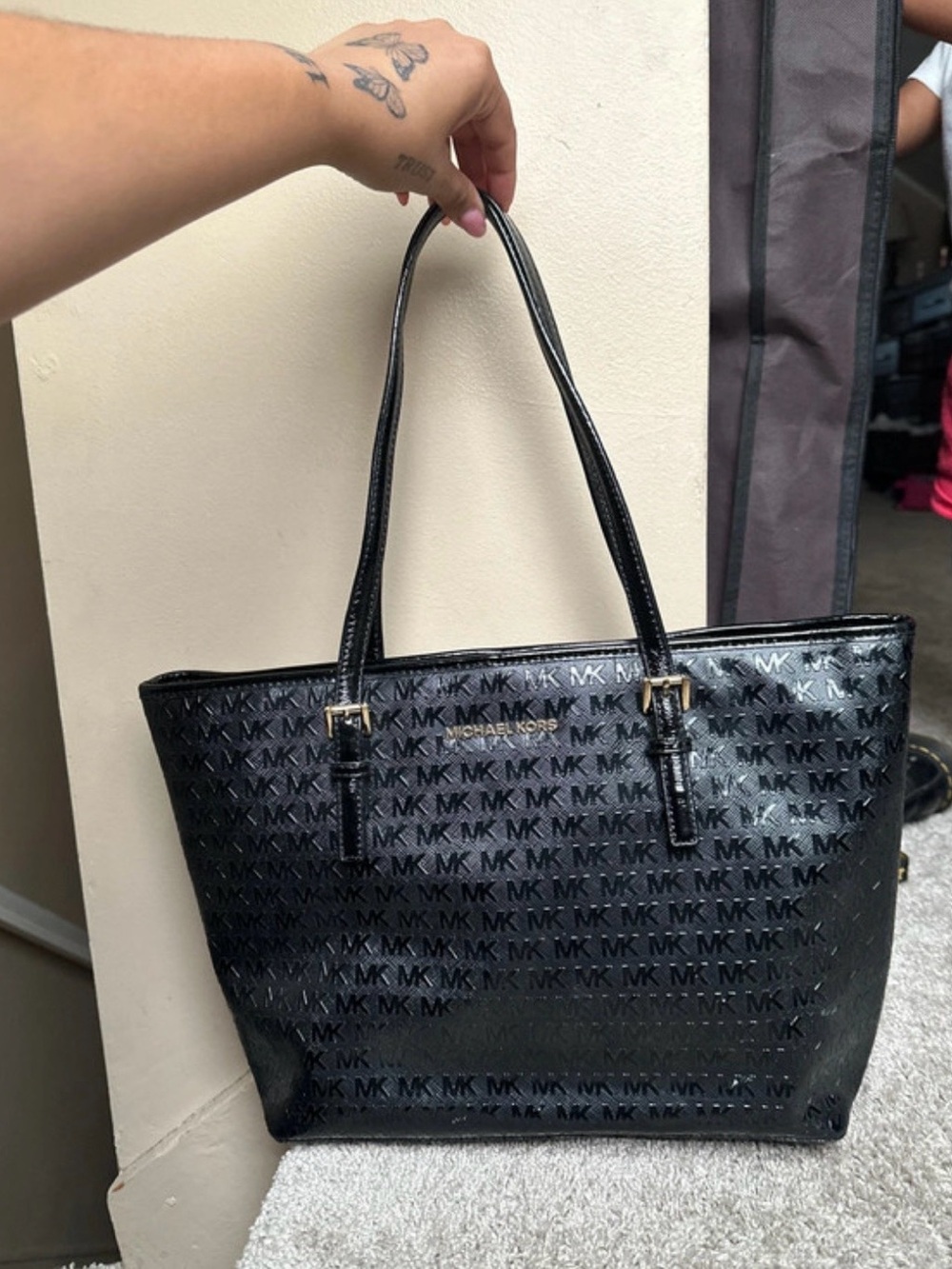 Michael Kors Black MK Signature Patent Leather Tote